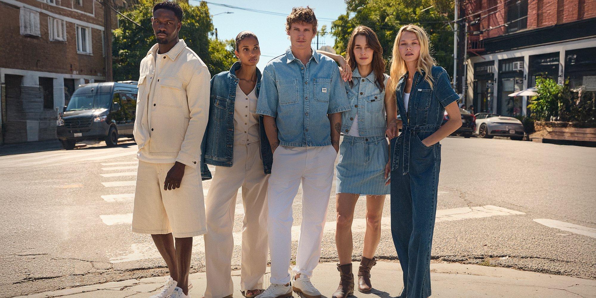 Group of friends in the city wearing trending summer clothing from Lee.