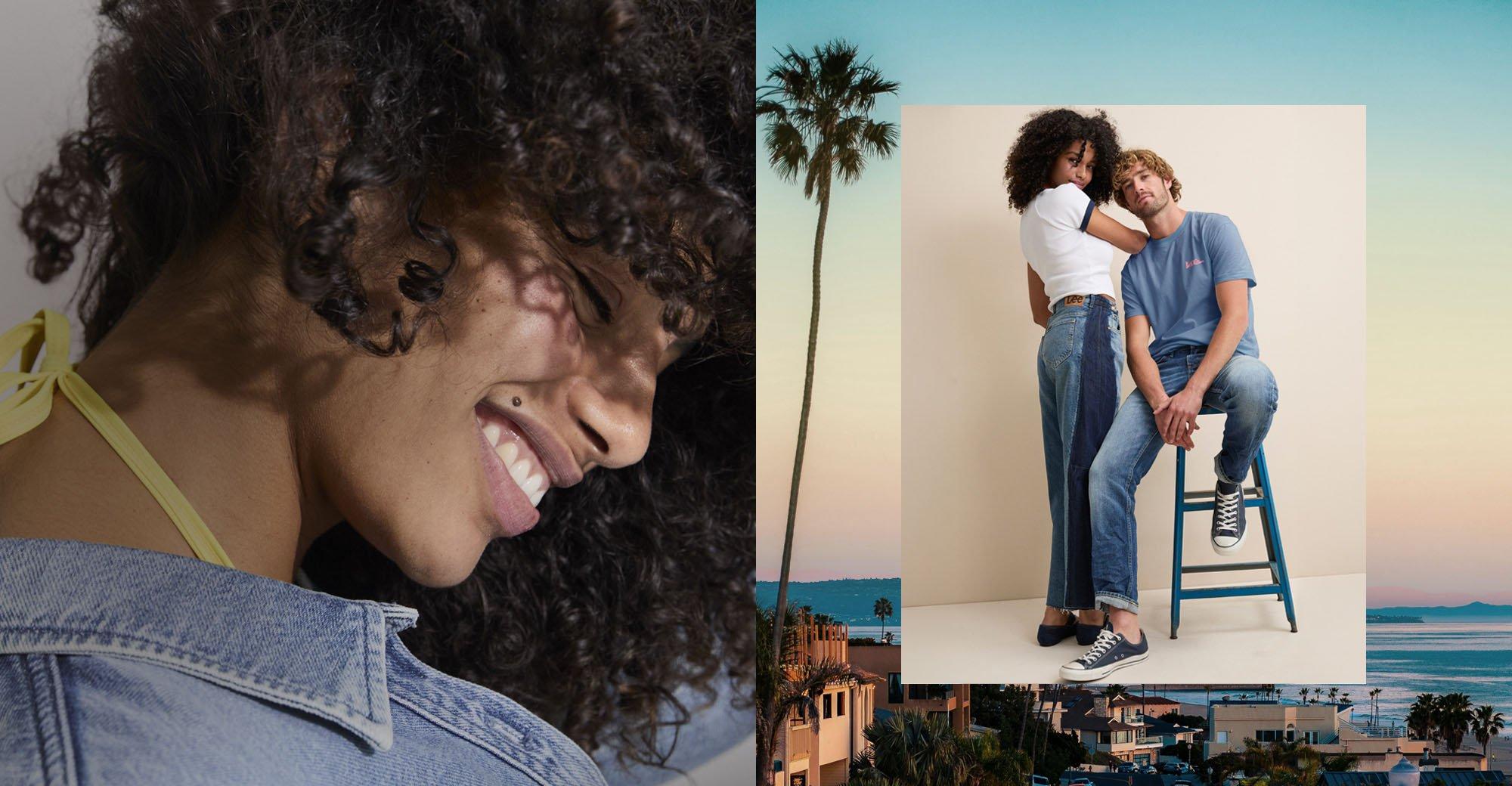 Couple hanging out wearing Lee denim on right of banner. Close up of woman with popped denim collar.