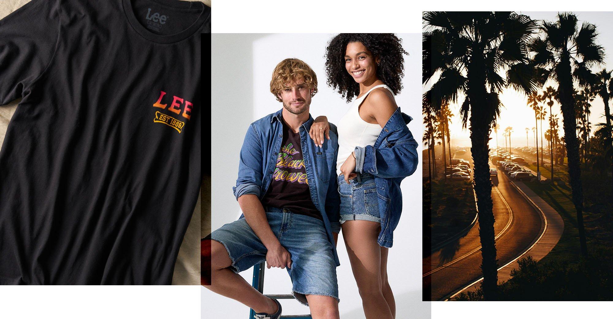 Couple wearing Lee shorts in the summer time by a beach.
