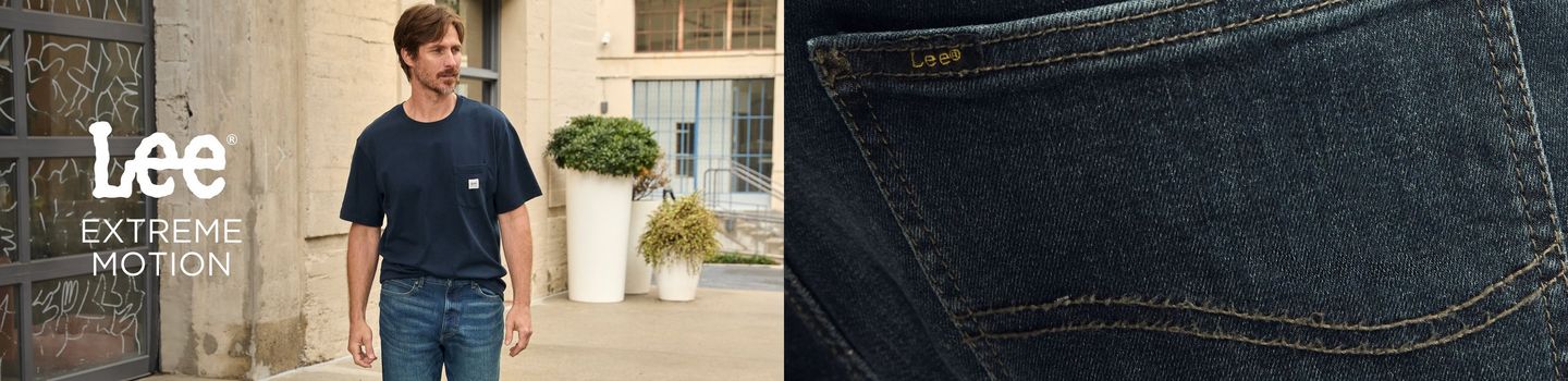 male modeling the jeans from the Collection EXTREME MOTION - a collection made of jeans, pants and shorts that have elevated levels of comfort, flexibility and freedom to move. 