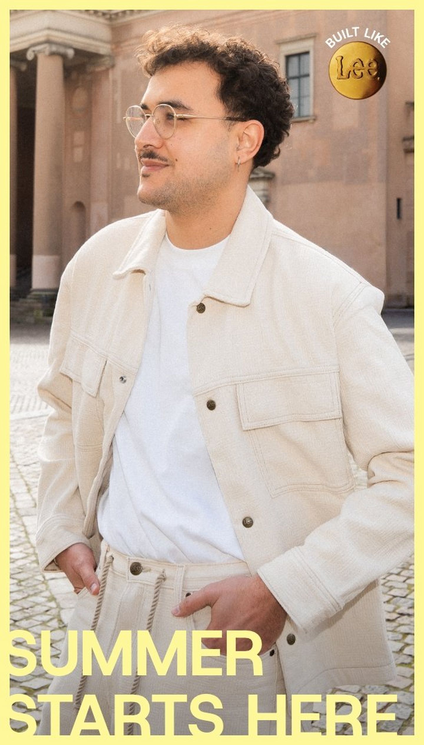 summer starts here campaign featuring the male model wearing a beige outfit
